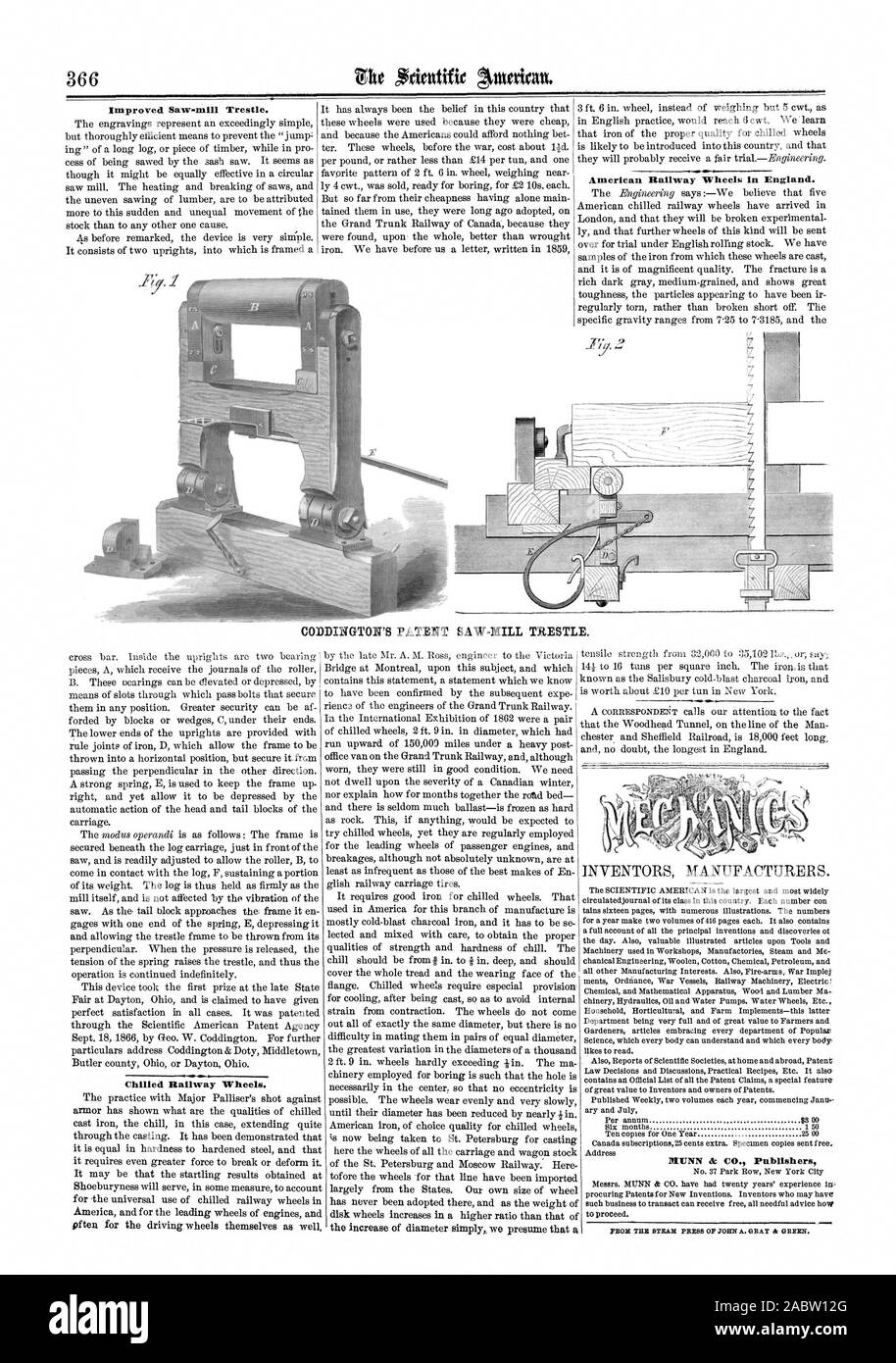 Amélioration de la scierie tréteau. Les roues de fer américains en Angleterre. CODDINGTON'S PATENT SCIERIE TRÉTEAU. Les roues de fer froid. La PRESSE À VAPEUR MN OP JOHN A. Gray & VERT., Scientific American, 1866-11-24 Banque D'Images