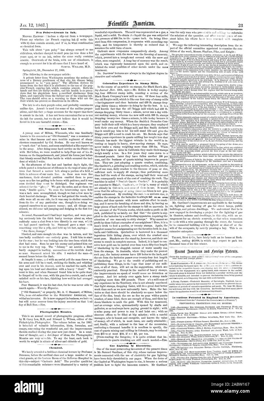Expérience dans Coloradian Stamp Mills. E - mosaïques photographiques. L'éclairage au gaz par l'électricité. Paralysie stylo-A.rsenie à l'encre. Le dernier coup de vieux Stannard., Scientific American, 1867-01-12 Banque D'Images