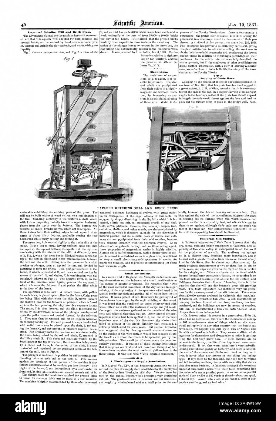 L'amélioration de PIM et de meulage presse brique. Le magnésium. L'affaissement des barreaux de grille. LAPEER'S MOULIN EN BRIQUE ET PRESSE. Petites Inventions. 4. Un approvisionnement Workingmen's Association. h. 0. La culture de la soie de la Californie, Scientific American, 1867-01-19 Banque D'Images