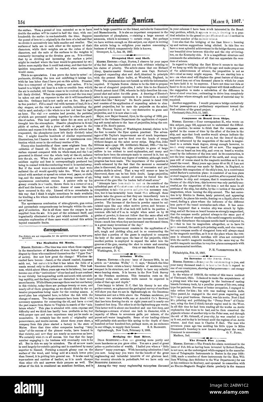 L'ALOSE OH Mania. Shot allongées et Shell. Les puits artésiens. Combler l'East River. SCIENTIFIC AMERICAN. Boussoles à bord des navires en fer. Un inventeur au Pôle Nord. 41. Les Français Alarme incendie., 1867-03-09 Banque D'Images