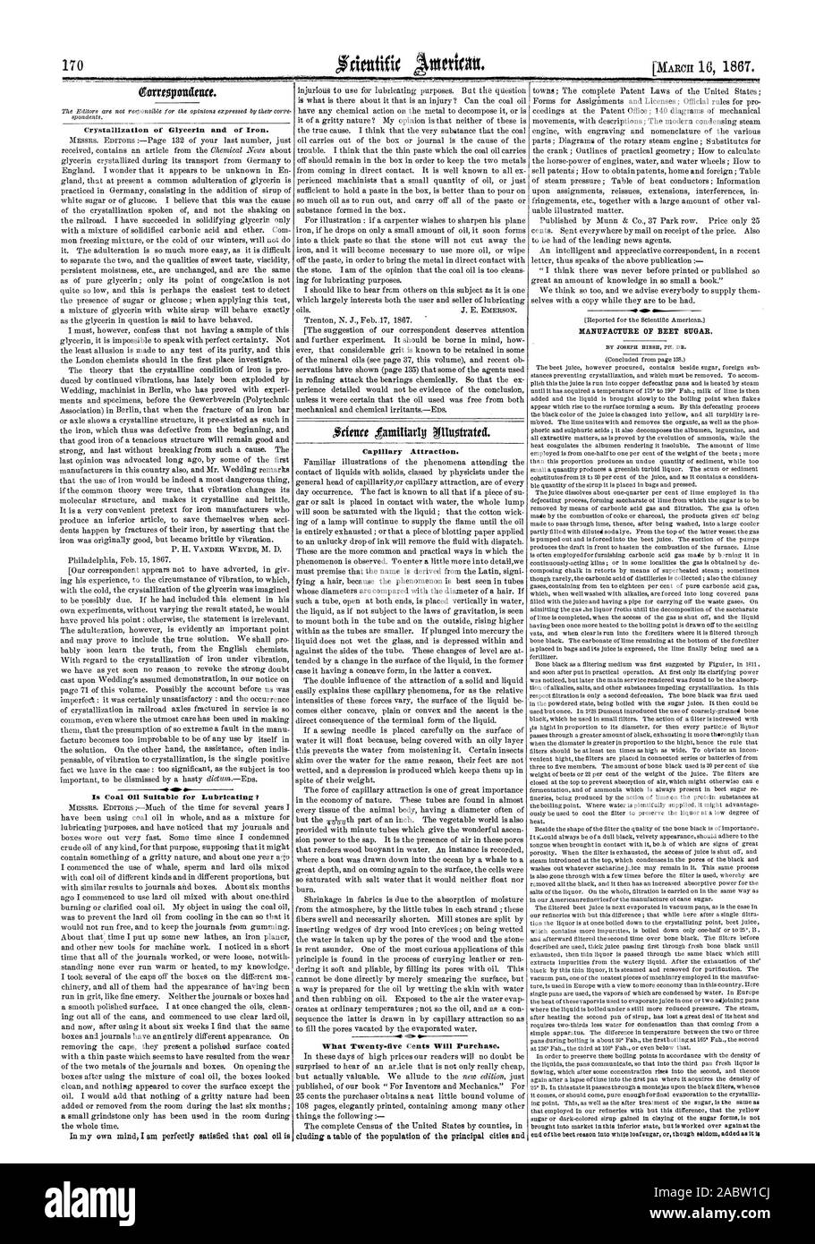 La cristallisation de la glycérine et du fer. Le charbon est adapté pour la lubrification ? L'attraction capillaire. Ce que vingt-cinq cents va acheter. Fabrication de sucre de betterave., Scientific American, 67-03-16 Banque D'Images