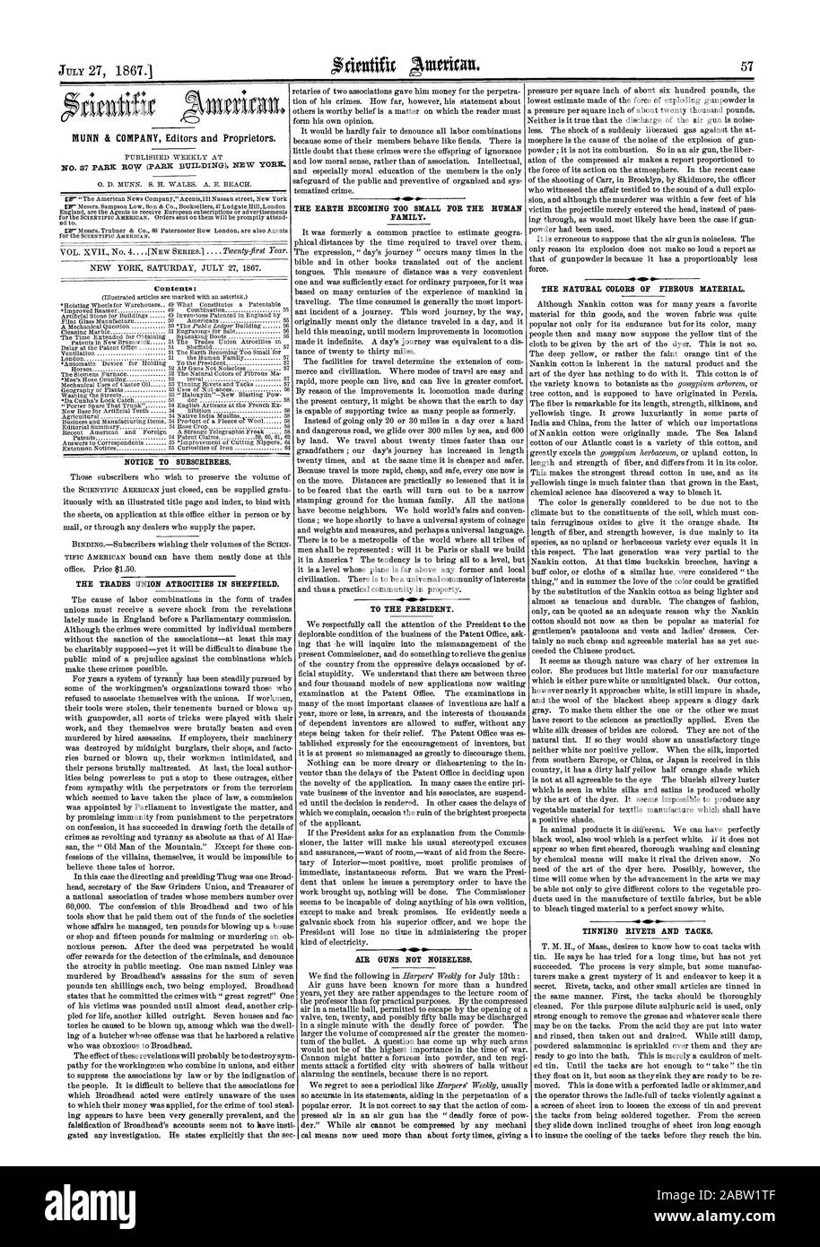 N° 37 PARK ROW (PARK) NOUVEAU jadis. Avis aux abonnés. Le TRADES UNION DES ATROCITÉS À Sheffield. La TERRE DEVIENT TROP PETIT POUR LA FAMILLE HUMAINE. .00 IP AU PRÉSIDENT. Armes à air non silencieux. Les couleurs naturelles de matière fibreuse. .0D. L'étamage de RIVETS ET PUNAISES., Scientific American, 1867-07-27 Banque D'Images