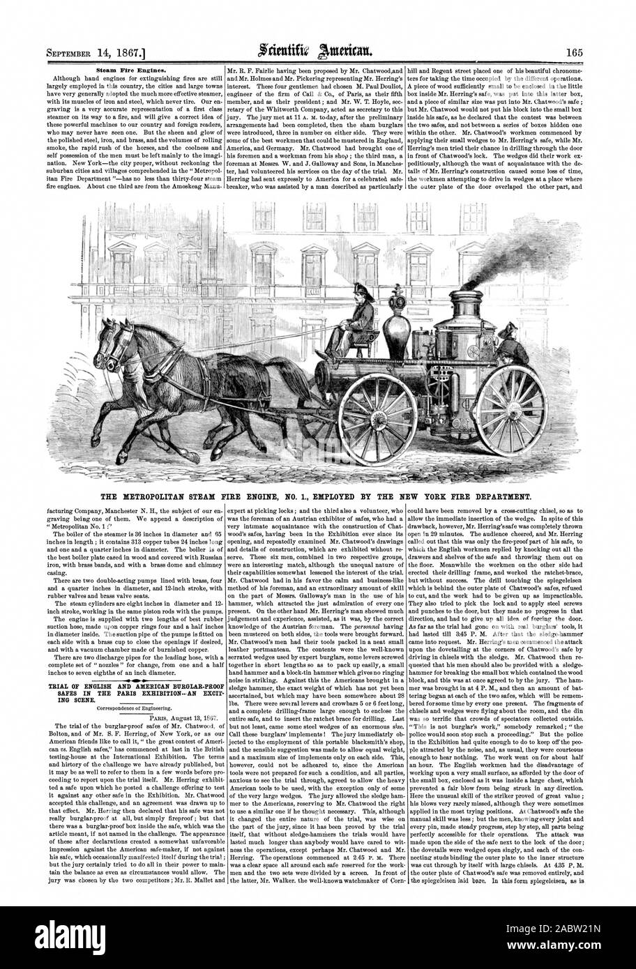 Les véhicules de pompiers à vapeur. Le METROPOLITAN STEAK FIRE ENGINE N° 1. Employé PAR LE NEW YORK FIRE DEPARTMENT. Procès de l'ANGLAIS ET AMÉRICAINS D'UN COFFRE-FORT ANTI EFFRACTION DANS L'EXPOSITION DE PARIS-- UNE SORTIE DE SCÈNE ING., Scientific American, 67-09-14 Banque D'Images