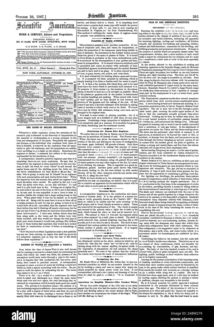 MUNN & COMPANY éditeurs et propriétaires. contenu : UNE DES CAUSES DE L'explosion de la chaudière. Conférer à l'EAU EN CRÉANT UN VIDE. Du pétrole pour les véhicules de pompiers à vapeur. Carapace de tortue. Navigation dans l'air. Par rapport à l'anglais américain MInsele--Le Yankee gagne., Scientific American, 1867-10-26 Banque D'Images