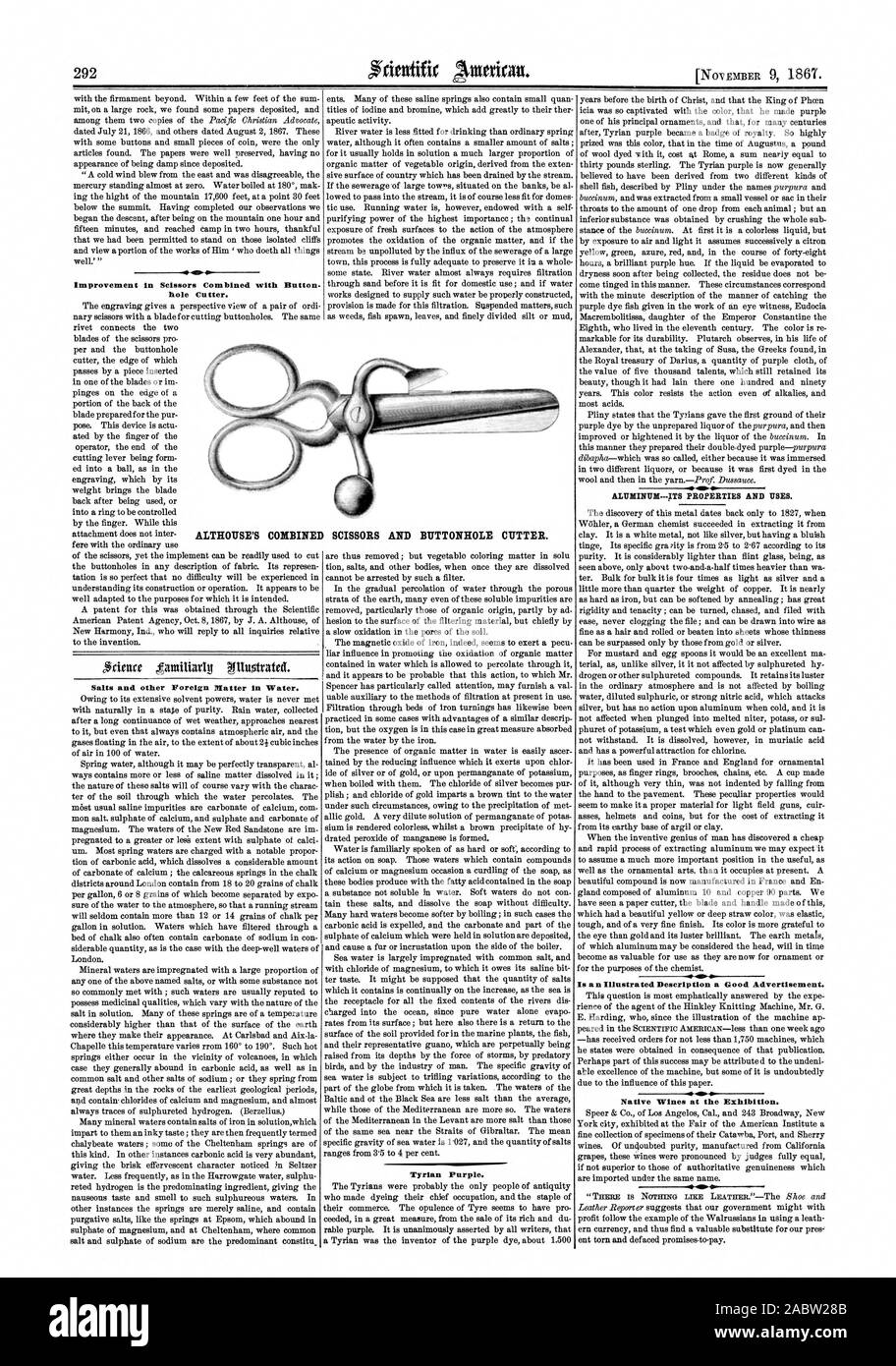 Amélioration de la combinée avec des ciseaux coupe-trou du bouton. Sels et autres matières étrangères dans l'eau. Tyrian mauve. L'aluminium.--TS PROPRIÉTÉS ET UTILISATIONS. Une description illustrée est une bonne publicité. Les vins indigènes lors de l'exposition. ALTHOUSE, CISEAUX ET CUTTER BOUTONNIÈRE., Scientific American, 1867-11-09 Banque D'Images