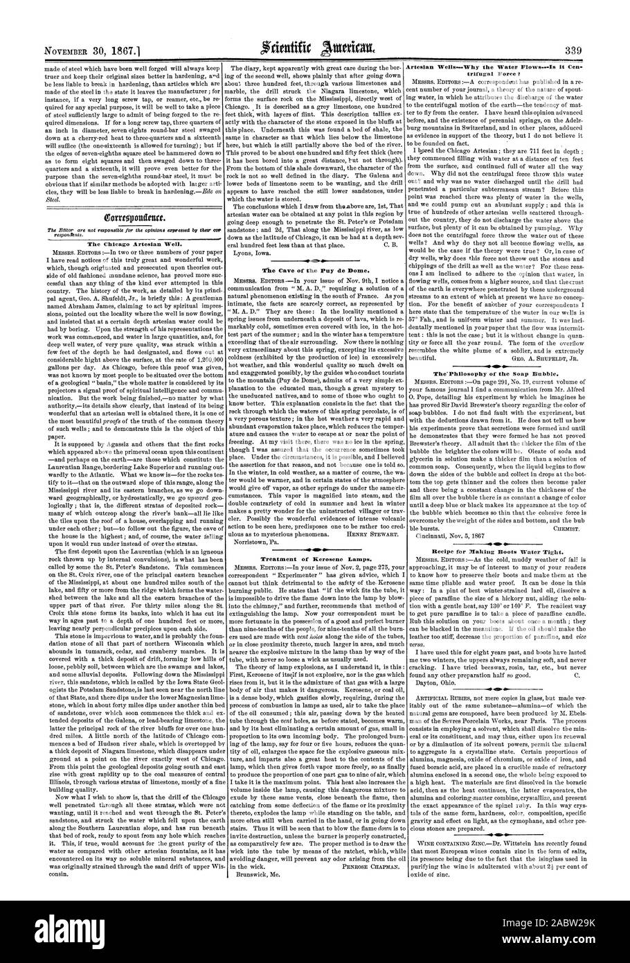 Les puits artésiens--pourquoi l'eau FlowsIs trifugal il Cen vigueur ? La grotte de le Puy de Dome. Traitement des lampes à kérosène. L'Philosophie de la bulle de savon. Le puits artésien. Chicago, Scientific American, 1867-11-30 Banque D'Images