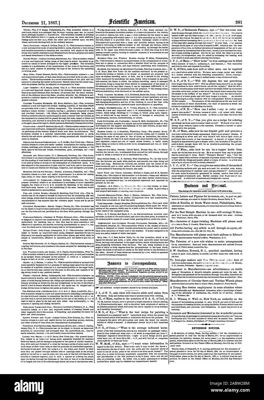 La MACHINE POUR LE LISSAGE DE REPASSAGE OU DE TISSUS TEXTILES Vêtements ETC AMP. Les avis de prorogation, Scientific American, 1867-12-21 Banque D'Images
