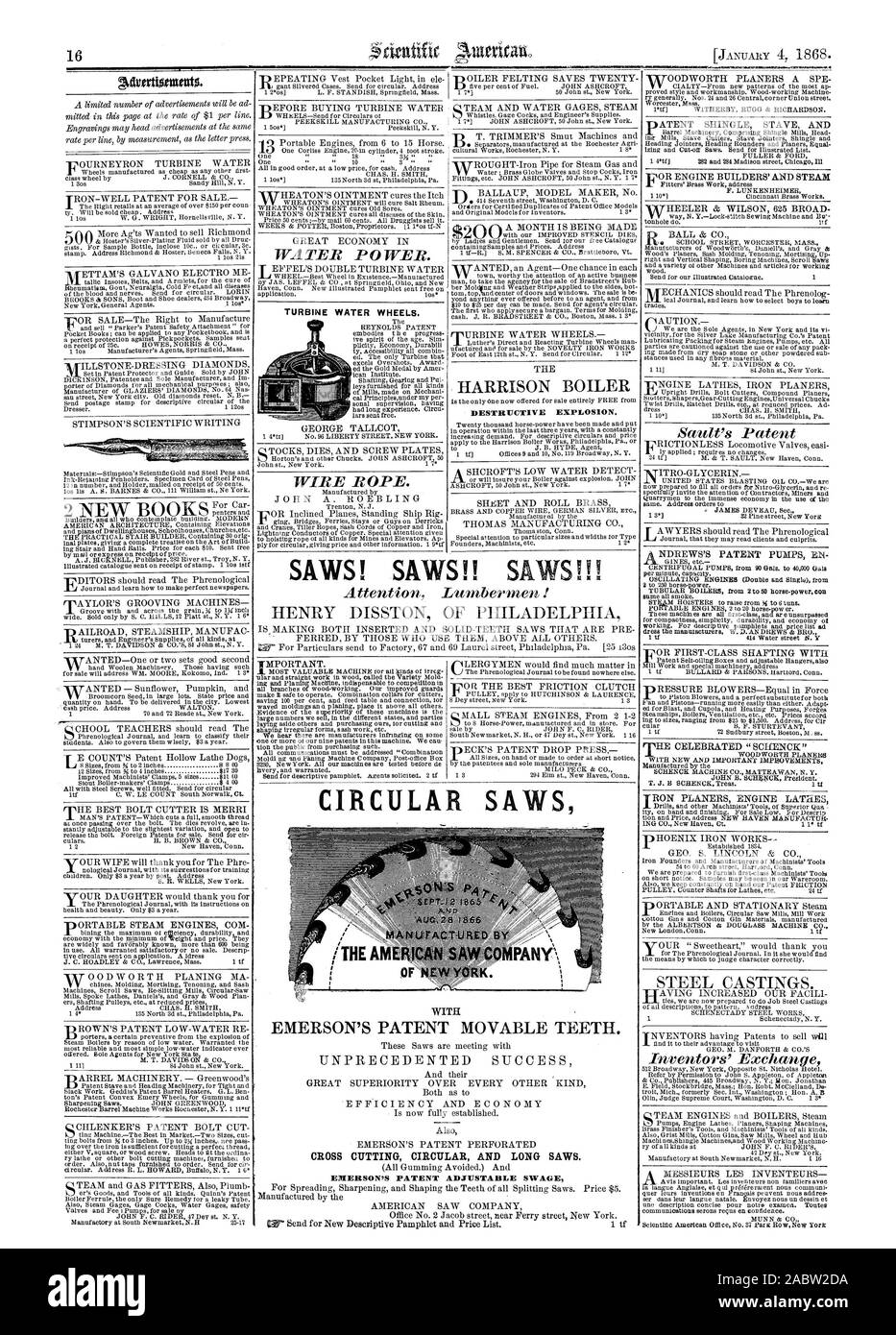 Scies ! Scies ! ! Scies ! ! ! Les SCIES CIRCULAIRES LES SCIES CIRCULAIRES ET LONG. Brevet d'EMERSON EXPLOSION DESTRUCTRICE SERTI réglable. CiAUTION.-, Scientific American, 1868-01-04 Banque D'Images