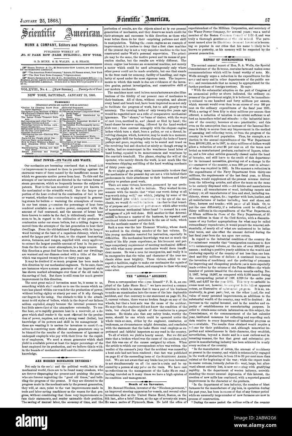 La mort d'un inventeur. Le RAPPORT DE LA COMMISSAIRE WELLS. ' Au cours de la même période, les usines du pays de la pluie, Scientific American, 1868-01-25 Banque D'Images