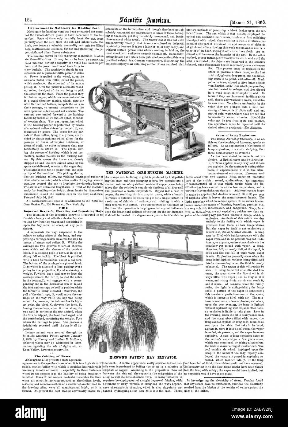 184 l'amélioration de machines pour décortiquer le maïs. Amélioration de l'appareil pour l'élévation et du dépôt de foin. .0 12. La coloration d'airain. Cause de l'explosion de la lampe. 4. 41. Le MAÏS-GRAIN NATIONAL MACHINE. Bruant DE BREVET PEUT ASCENSEUR., Scientific American, 1868-03-21 Banque D'Images
