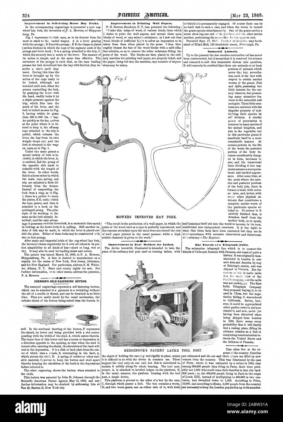 Dans Iraprovement Self-Acting fourche foin à chevaux. Amélioration de l'impression de papiers peints. Amélioration dans les porte-outils pour tours. Les brevets DU GEISSINGER Immortel tour les animaux. Les voyages d'un câble télégraphique:. sont nécessaires pour maintenir la population de Londres jusqu'à son numéro. MOWERS AMÉLIORATION DE LA FOURCHE À FOIN. Après l'outil., Scientific American, 1868-05-23 Banque D'Images