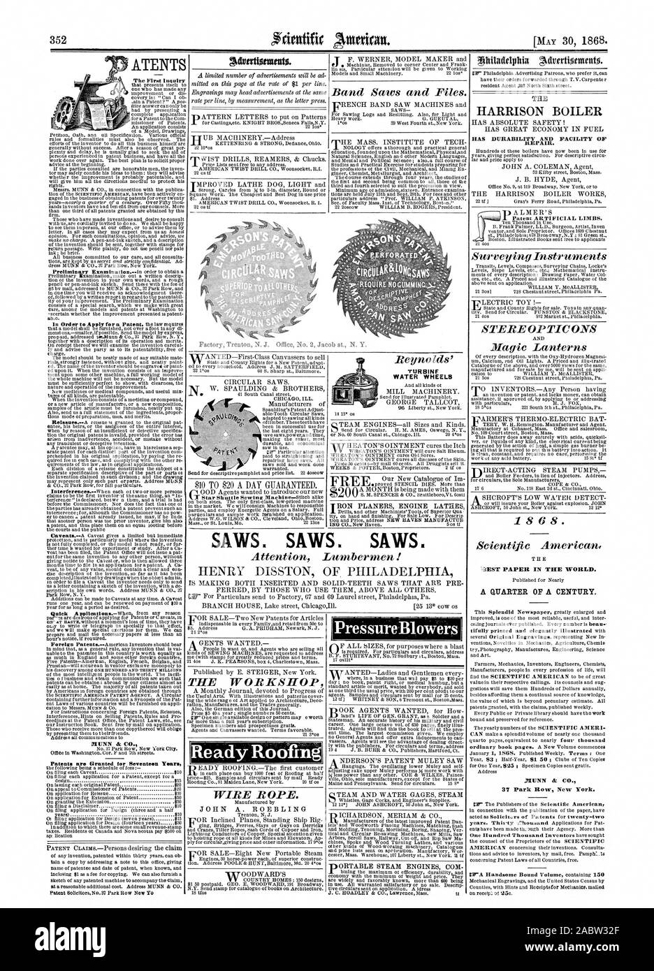 La chaudière a HARRISON ET DURABILITÉ DE L'INSTALLATION DE RÉPARATION. STE REOPTICONS les instruments d'arpentage lanternes magiques 1 8 6 8 . Scientific American UN QUART DE SIÈCLE 37 Park Row Maintenant New York. La première demande d'SolicitorsNo brevet.37 Rose Parc New Y scies à bande et des fichiers. Reynolds' EAU ROUES SCIES . Scies scies bûcherons Attention ! L'atelier prêt Roofing CÂBLES MÉTALLIQUES. JOHN A. ROEBLING 18 tfos pression soufflantes, 1868-05-30 Banque D'Images