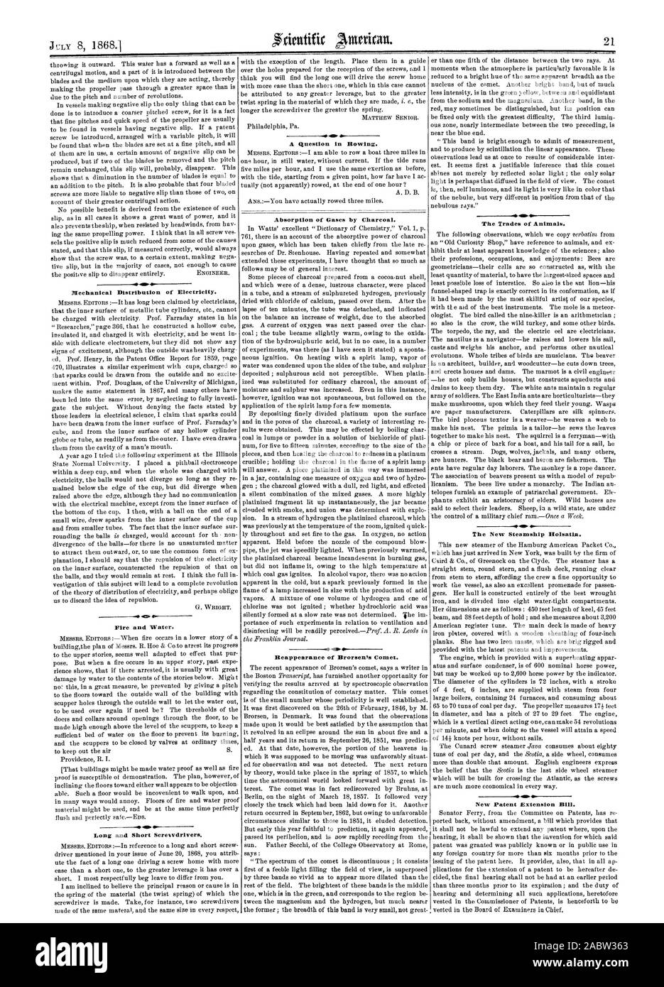 8 juillet 1868.1 Distribution mécanique de l'électricité. Le feu et l'eau. L'absorption des gaz à effet de serre par le charbon. Réapparition de la Comète Brorsen. -4 41. La nouvelle Steamship Holsatia. Le projet de loi d'extension des brevets nouveaux Asp., Scientific American, 1868-07-08 Banque D'Images