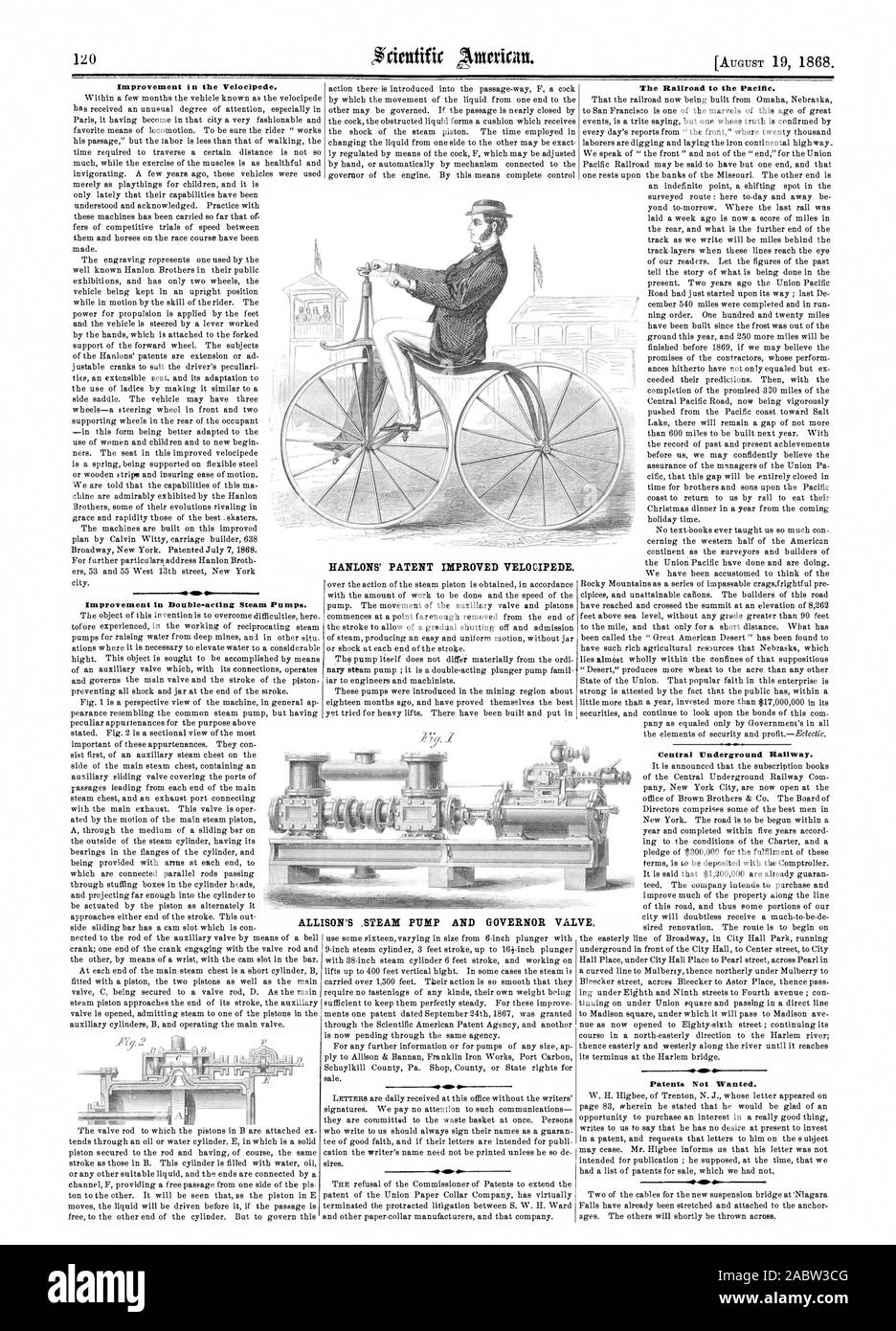 Amélioration de la vélocipède. Amélioration des pompes à vapeur à double effet. Des brevets d'HANLONS Amélioration de vélocipède. 4I Le chemin de fer vers le Pacifique. Métro Central. Brevets non voulu. La pompe à vapeur d'ALLISON ET GOUVERNEUR., Scientific American, 1868-08-19 Banque D'Images