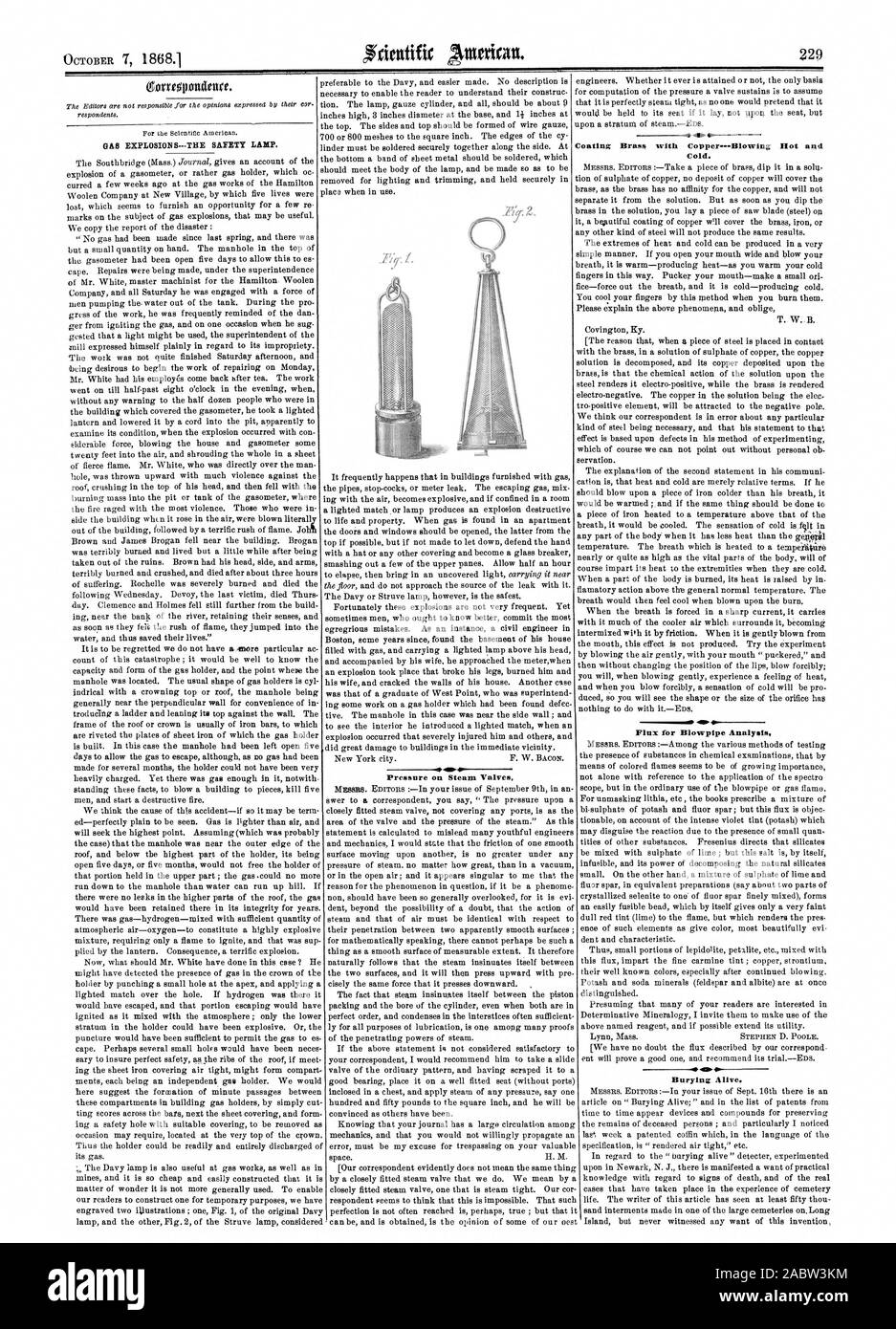 . En laiton avec revêtement en cuivre --souffler le chaud et le froid. .Sis Flux pour l'analyse de sarbacane, EXPLOSIONS DE GAZ-LA LAMPE DE SÛRETÉ. La pression sur les soupapes vapeur, Scientific American, 1868-10-07 Banque D'Images