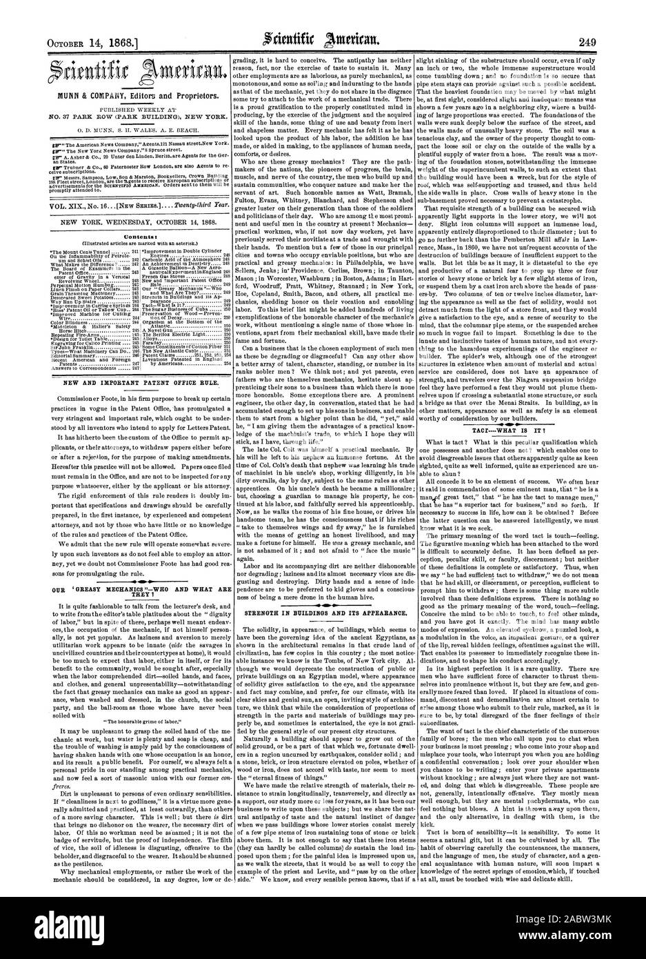 0-1 0 FORCE DANS LES BÂTIMENTS ET DE SON APPARENCE. N° 37 PARK ROW (PARK) NEW YORK. Vir Contenu NOUVEAU ET IMPORTANT DES BREVETS Règle. Nos mécaniciens GRAS '-QUI ET QU'EST-CE QU'ILS JE 48. 1Y.0 & COMPANY éditeurs et propriétaires., Scientific American, 1868-10-14 Banque D'Images