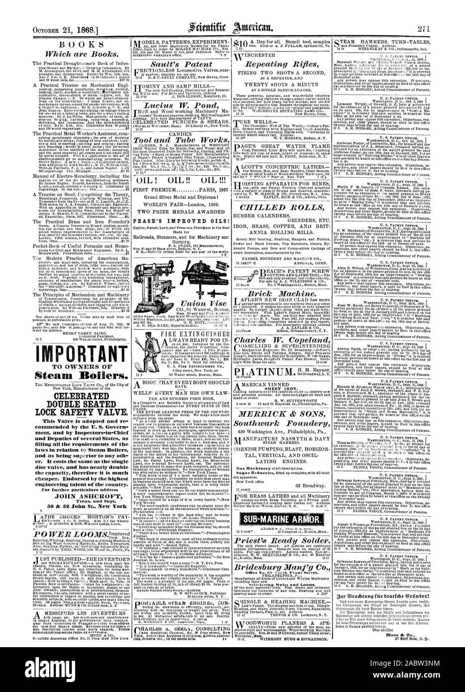 Huile ! Huile ! ! OIL ! ! ! Première prime PARIS 1867 PRIX DEUX MÉDAILLES DÉCERNÉES PEASE A amélioré ! Lu LIVRES IMPORTANT DE PROPRIÉTAIRES DE Chaudières à vapeur. DOUBLE BLOCAGE ASSIS a célébré la SOUPAPE DE SÉCURITÉ. Cette soupape est adopté et nous avons félicité par le gouvernement et par les inspecteurs en chef et des sous-ministres de plusieurs États comme l'amende toutes les exigences de la législation en matière de chaudières et de l'emploi comme étant supérieures à d'autres. Il en coûte la même chose que la soupape à disque unique et a presque le double de la capacité, par conséquent, il est beaucoup moins cher. Approuvé par le plus grand des talents d'ingénierie du pays. JOHN ASHCROFT 50 Banque D'Images