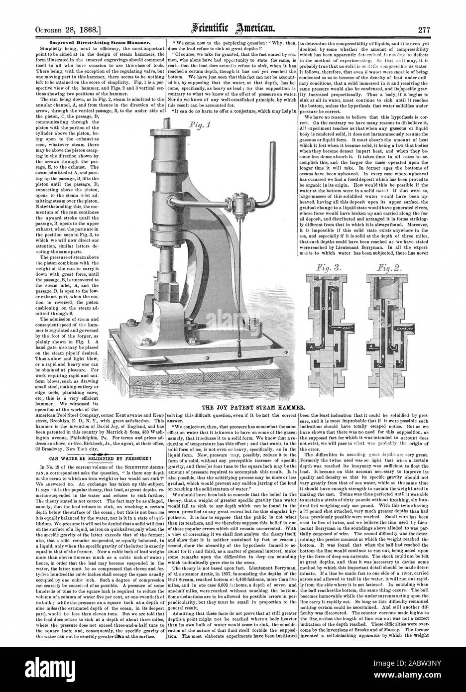 Amélioration de l'Direct-Acting marteau à vapeur. L'EAU PEUT ÊTRE SOLIDIFIÉ PAR LA PRESSION JE LA JOIE DE VAPEUR BREVET MARTEAU., Scientific American, 1868-10-28 Banque D'Images