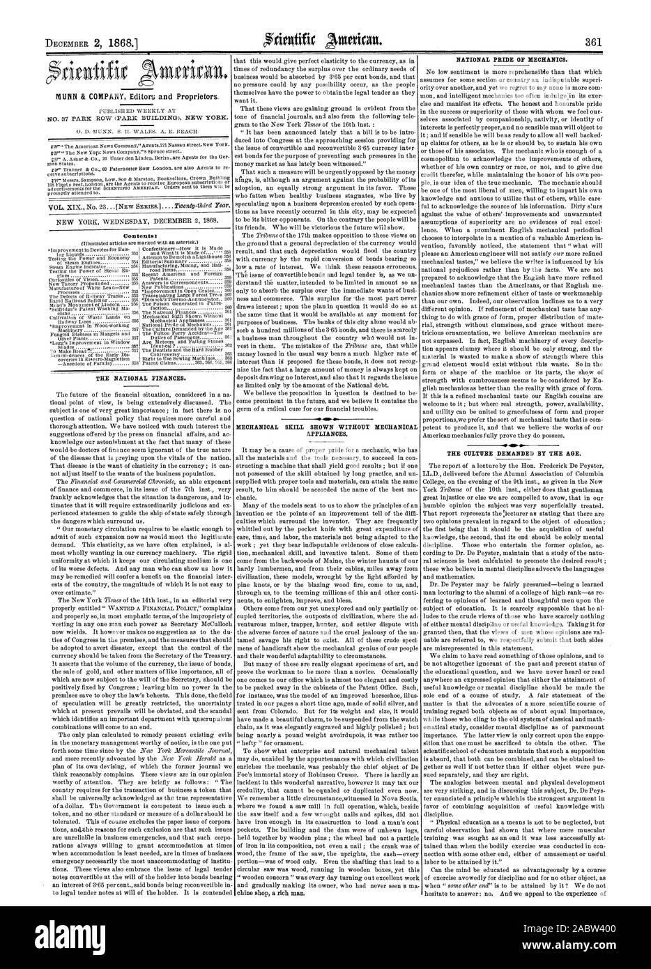Matières t LES FINANCES NATIONALES. WITHOLIT LA CAPACITÉ MÉCANIQUE DES APPAREILS MÉCANIQUES DE LA FIERTÉ NATIONALE DE LA MÉCANIQUE. La CULTURE A EXIGÉ PAR L'âge., Scientific American, 1868-12-02 Banque D'Images