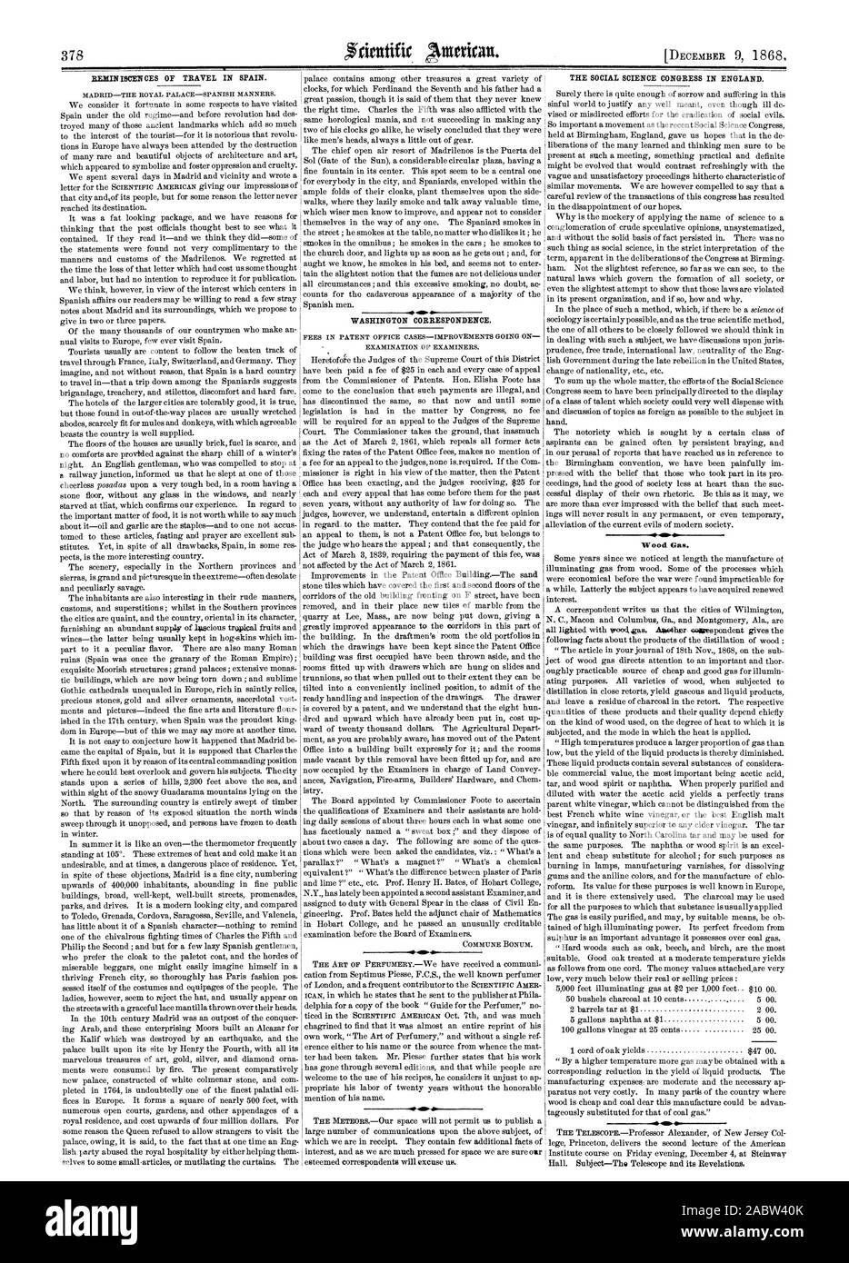 Le PALAIS ROYAL DE MADRID-espagnol de bonnes manières. La correspondance de Washington. Frais EN CAS D'AMÉLIORATIONS À L'OFFICE DES BREVETS EN COURS EXAMEN DES EXAMINATEURS. C COMMUNE BONUM. 41 LE CONGRÈS DES SCIENCES SOCIALES EN ANGLETERRE. Le gaz de bois. une loi, Scientific American, 1868-12-09 Banque D'Images