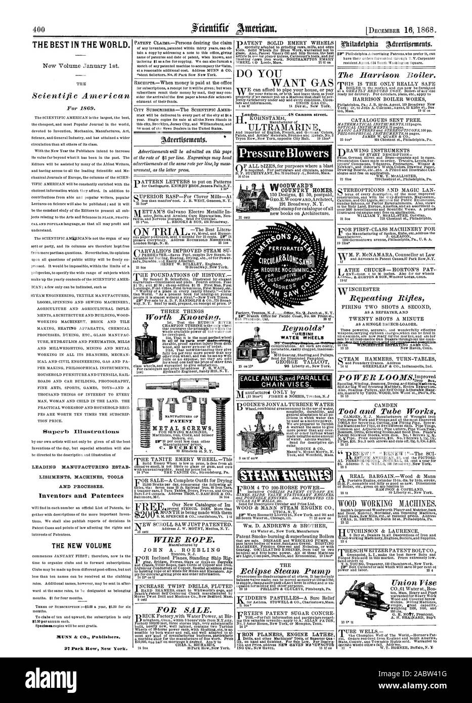 Les MEILLEURS AU MONDE. Fabrication de machines de premier plan A LISHMENTS OUTILS ET PROCESSUS. Les inventeurs et les brevetés LE NOUVEAU VOLUME v-tIRBINE Eau roues ANVILSand soufflantes pression EAGLE PARALLÈLE WOODWARD'S ww COUNTRY HOMES. Vis MÉTAL BREVET C. DUCHELX London 48 Cannon Street. De l'outremer, Scientific American, 1868-12-16 Banque D'Images
