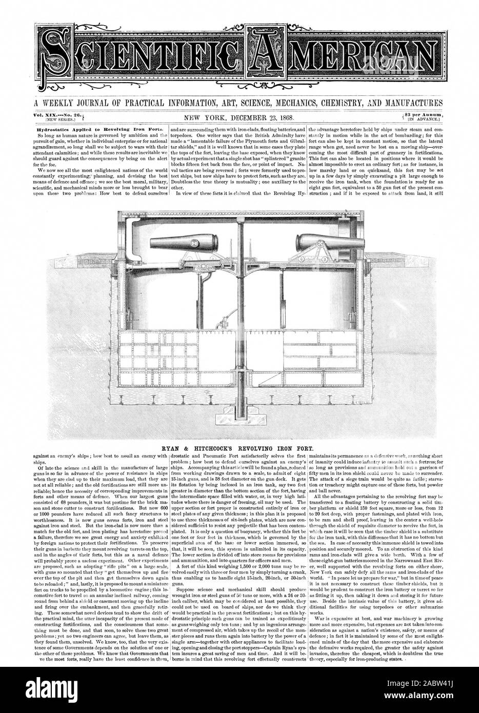Un journal hebdomadaire D'INFORMATIONS PRATIQUES ART SCIENCE MÉCANIQUE CHIMIE ET FABRIQUE j$3 par an c C;t1L010'1 l'hydrostatique appliquée au fer renouvelable sortes. RYAN & renouvelable d'HITCHCOCK FORT fer., Scientific American, 1868-12-23 Banque D'Images