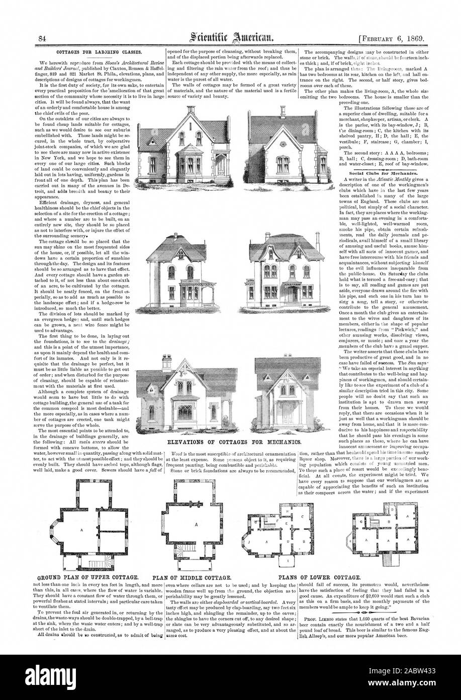 84 Des élévations DES CHALETS À LA MÉCANIQUE. PLAN AU SOL DE LA MAISON. PLAN DU MILIEU COTTAGE. Les PLANS DE COTTAGE PLUS BAS. 420., Scientific American, 1869-02-06 Banque D'Images