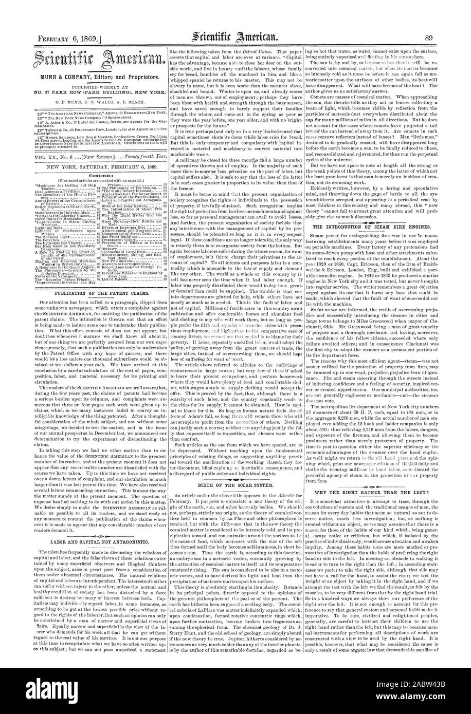 Contenu : PUBLICATION DE LA REVENDICATION DE BREVET. o&lt;vp.41. Le TRAVAIL ET LE CAPITAL pas antagonistes. La naissance du système solaire. L'INTRODUCTION DE LA VAPEUR D'INCENDIE. Pourquoi la droite PLUTÔT QUE LA GAUCHE, Scientific American, 1869-02-06 Banque D'Images