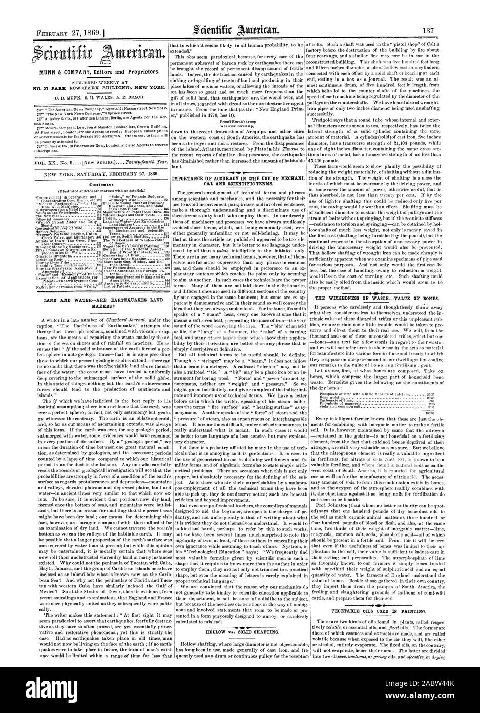 N° 37 PARR RANGÉE (PARK) NEW YORK. Contenu : 46. IMPORTANCE DE LA PRÉCISION DANS L'UTILISATION DE TERMES SCIENTIFIQUES ET CAL MÉCANIQUE. Par rapport aux creux des arbres solides. Les huiles végétales utilisées en peinture. La méchanceté DE DÉCHETS.VALEUR D'OS. Les tremblements de terre WATERARE TERRE ET DÉCIDEURS 1, Scientific American, 1869-02-27 Banque D'Images