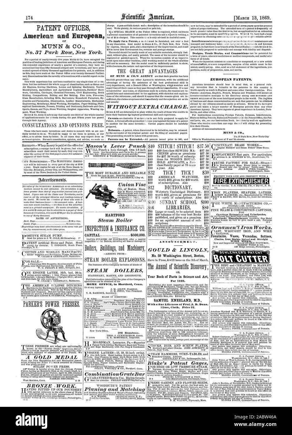 MUNN & CO. SANS FRAIS SUPPLÉMENTAIRES. Les brevets européens. MUNN & CO Adrertiontent5. Une médaille d'or .BRONZE TRAVAIL. Levier de Mason un GrateBar Association Poinçon N N 0 N C E E N T. GOULD & LINCOLN n° 59 Washington Street Boston ou de l'année Livre de faits dans la science et l'Art pour 1869. SAMUEL KNEELAND M.D. Avec une amende à la ressemblance du professeur J. D. Dana. 121n. 92 prix. Blake mesureurs d'GUISHEF Brevet1 Transport les parures et les vélocipèdes Ornamenll de ferronnerie. Escaliers en fer et des chaises en spirale fil droit travail. CAPITAL. 500000 $. Chaudières à vapeur Accueil Bureau à Hartford Hartford, Conn. Union et Scientific American, 69-03- Banque D'Images