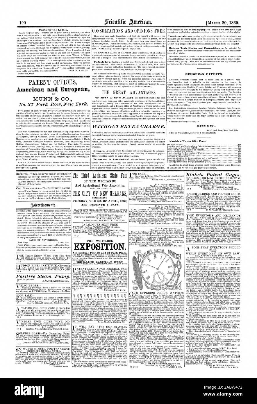 Faits pour les dames. De MUNN & CO ETJHOPEAN LES BREVETS. HENN A : CO. DE LA MÉCANIQUE ET DE L'agriculture Association équitable MARDI LE 6 AVRIL 1869 ET CONTINUER 8 JOURS. Les WHITLOCK EXPOSITION. Juste un perpétuel 35 et 37 Park Place. Trimestriel de circulation 100,000. 20 $, Scientific American, 1869-03-20 Banque D'Images