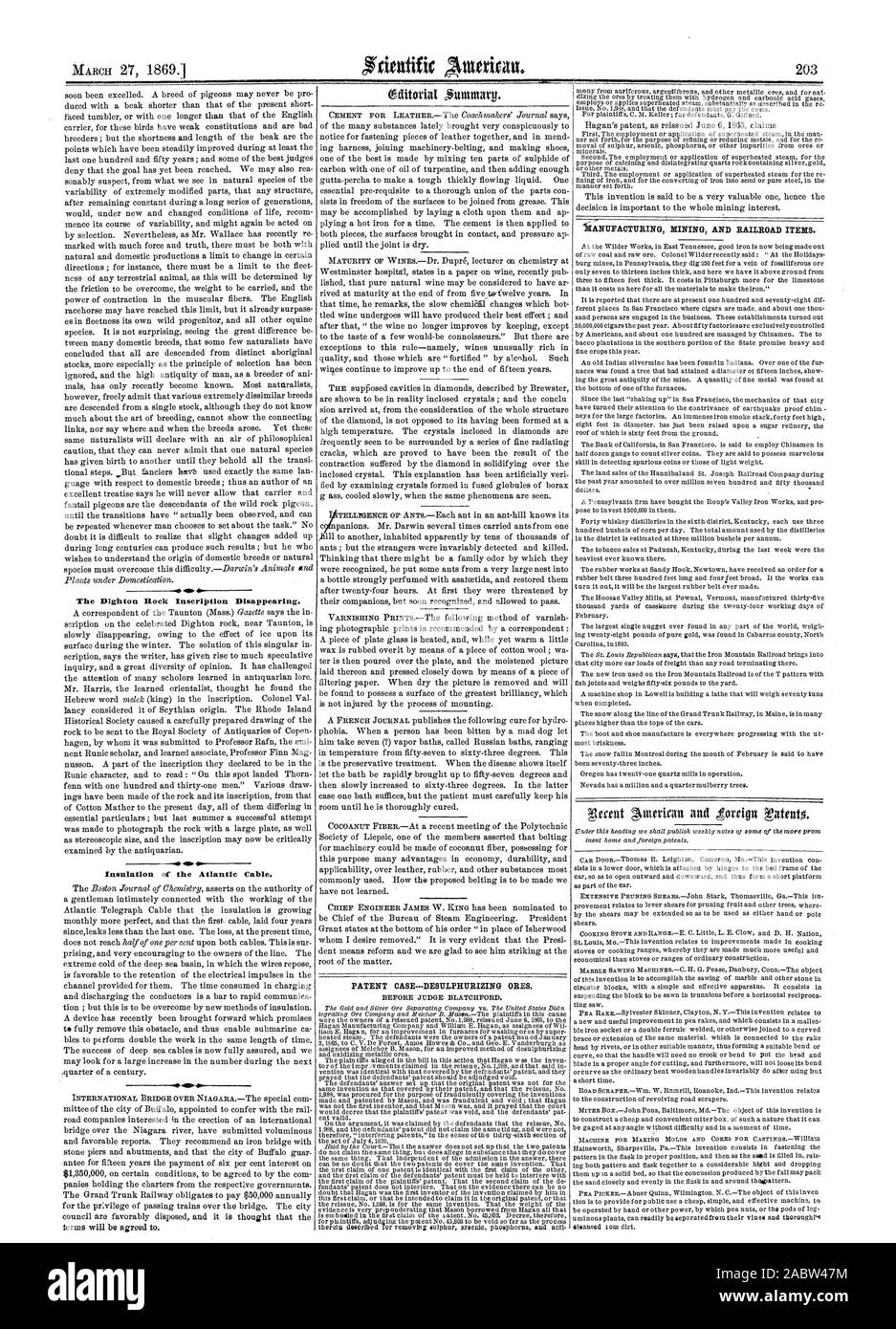 Le rocher de Dighton Inscription de disparaître. L'isolement de l'Atlantique. Câble, Scientific American, 1869-03-27 Banque D'Images