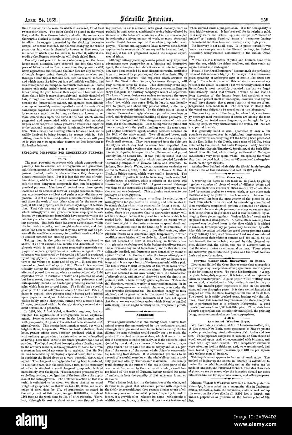Des composés explosifs à des fins d'ingénierie. Revêtements de la copie de la plaque de cuivre gravures sur pierre. . Les tuyaux en bois. AMBERGRIS, Scientific American, 1869-04-24 Banque D'Images