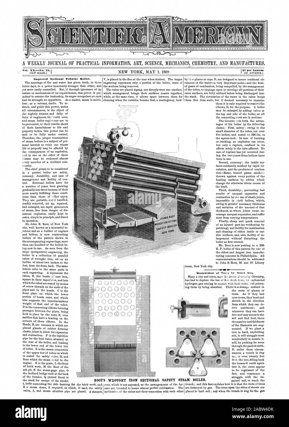 Un journal hebdomadaire D'INFORMATIONS PRATIQUES ART SCIENCE MÉCANIQUE CHIMIE ET PRODUITS MANUFACTURÉS. 5 3 $ par année     une chaudière tubulaire de Section A. Amélioration. Coupe en fer forgé à la destruction d'un arbre par rue du gaz. La sécurité racine. chaudière à vapeur, Scientific American, 1869-05-01 Banque D'Images