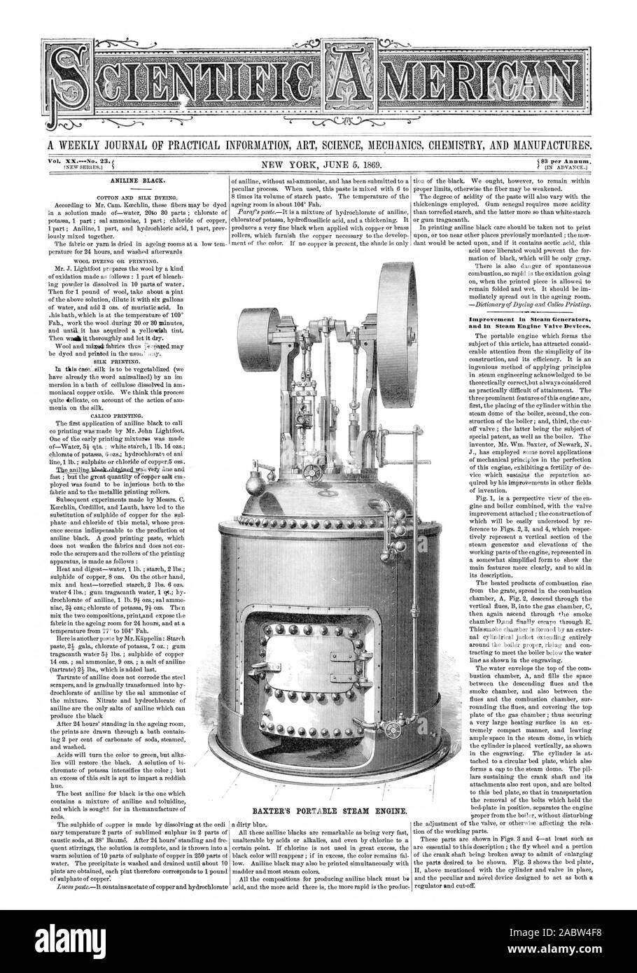 Noir d'aniline. Amélioration dans les générateurs de vapeur et en machine à vapeur de périphériques., Scientific American, 1869-06-05 Banque D'Images