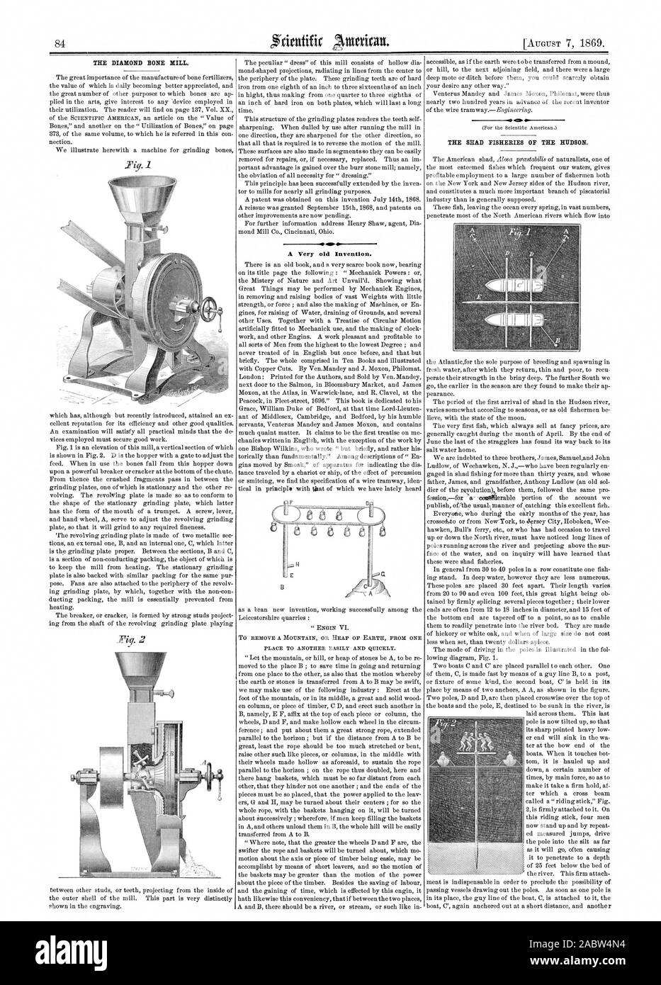 Le MOULIN À OS de diamants. ' ENGIN VI. Pour supprimer une montagne ou TAS DE EARTIS D'UN ENDROIT À L'AUTRE FACILEMENT ET RAPIDEMENT. La PÊCHE DE L'ALOSE. usualvfennner onhe HUDSON publier d'attraper cette excellente de poissons. Tous ceux qui au cours des premiers mois de l'année s'hawken Bull's ferry etc. ou qui a eu l'occasion de voyager vers le haut ou le bas de la rivière du Nord doivent avoir remarqué les longues files de poteaux en travers de la rivière et projeter au-dessus de la sur face de l'eau et sur l'enquête auront appris qu'il s'agit de pêches shad., Scientific American, 1869-08-07 Banque D'Images