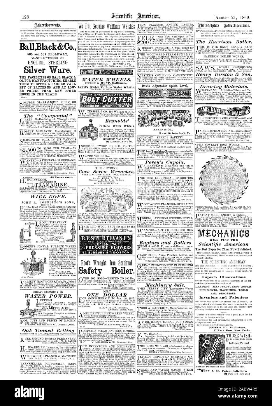 Advatiortunt. BallBlack &Co. En Argent. Londres 48 Cannon Street. POOLE et HUNT Baltimore A. G. COES & CO. Coffre Chaudière. KNAPP & CO 8 et 10, rue John31. Y. MUNN & CO. Procureurs brevet. 37 Park Row New York. Trouverez LE ET PROCESSUS. Les inventeurs et les brevetés, Scientific American, 1869-08-21 Banque D'Images