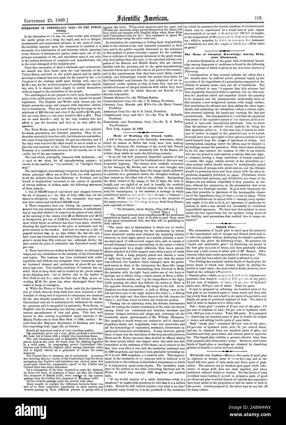 41s Le manque de connaissances chimiques parmi les gist illustré. Opérations dans Cumberland-CHARBON À LA FONCTION Appuyez sur . Mode de fonctionnement le câble français., Scientific American, 1869-09-25 Banque D'Images