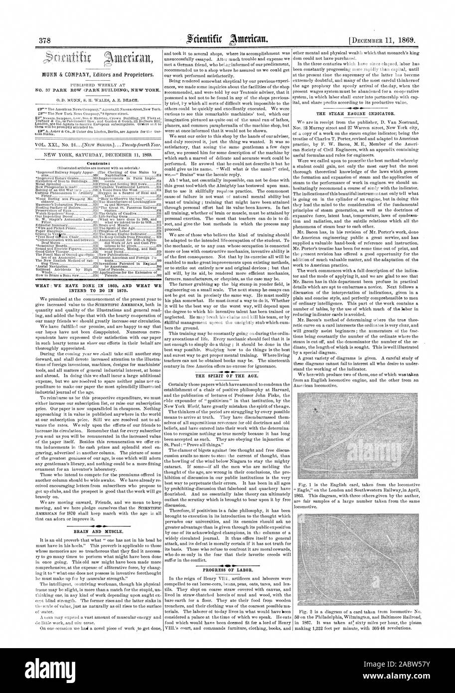 Ce QUE NOUS AVONS FAIT EN 1869 ET CE QUE NOUS COMPTONS FAIRE EN 1870. Des muscles et du cerveau. L'ESPRIT DE L'âge. Progrès du travail. Le EfIGIBE. INDICATEUR DE VAPEUR, Scientific American, 1869-12-11 Banque D'Images