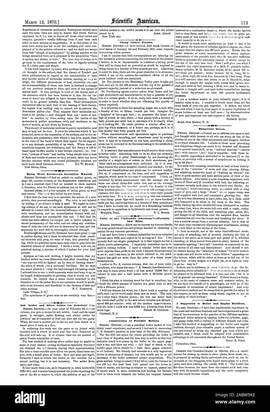 4-41. Presses de coton bon marché. Les scieries. Il VW une suggestion de constructeurs de moteurs et de la chaudière. Construction de chaudières portables., Scientific American, 70-03-12 Banque D'Images