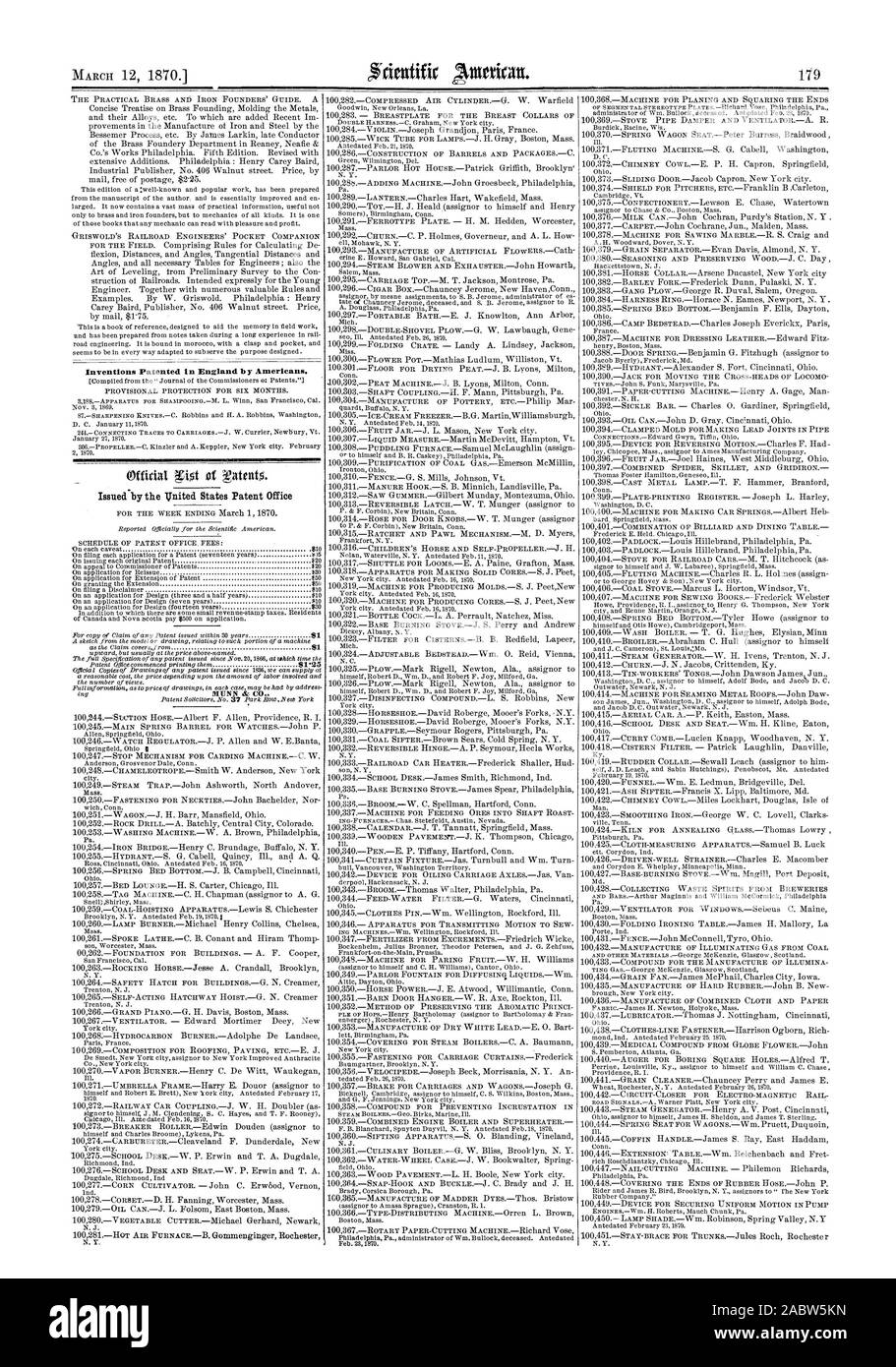 Inventions brevetées en Angleterre par les Américains., Scientific American, 70-03-12 Banque D'Images