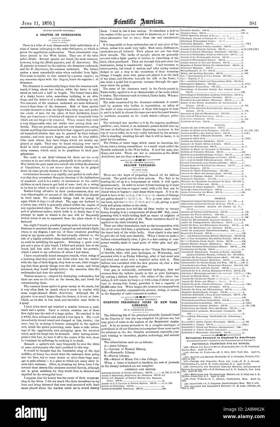Vernis de ballon. Périodiques scientifiques TROUVÉS DANS LES BIBLIOTHÈQUES DE NEW YORK., Scientific American, 1870-06-11 Banque D'Images