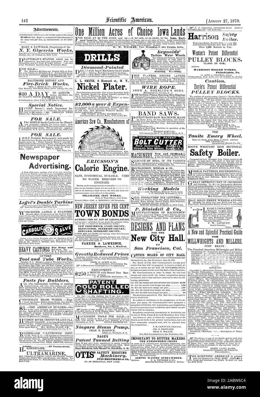 HARRISON BOILER WORKS Philadelphie Pa. Coffre Chaudière. L. L. SMITH 6 Howard st N. Y. Nickel Plater. ERwsscops moteur thermique. Les OBLIGATIONS DE LA VILLE DE PAGE & LAWRENCE PARKER BROTHERS OTIS .1c C Coupe-boulon HOWARD IRON WORKS.BUFFALO N.Y. Nouvel hôtel de ville. Conseil de l'HÔTEL DE VILLE BUREAU IMPORTANT DE BEURRE LES DÉCIDEURS. Les roues de l'eau de l'éolienne., Scientific American, 1870-08-27 Banque D'Images