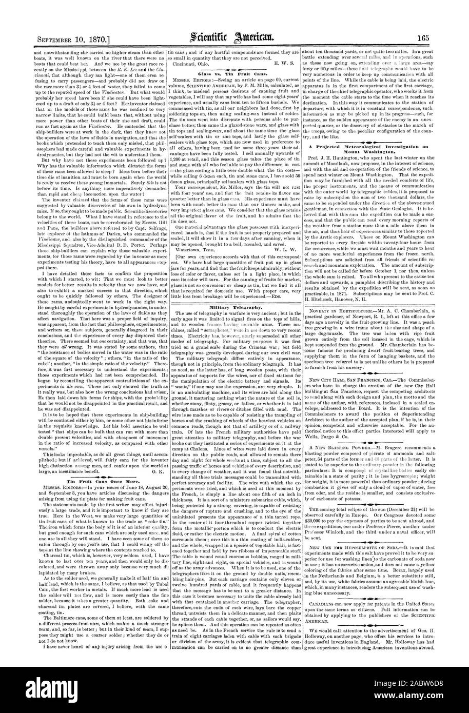 4"6 . La télégraphie militaire. -410 Une enquête météorologique prévu sur le mont Washington. Vs verre Tin Cans. Fruits, Scientific American, 70-09-10 Banque D'Images