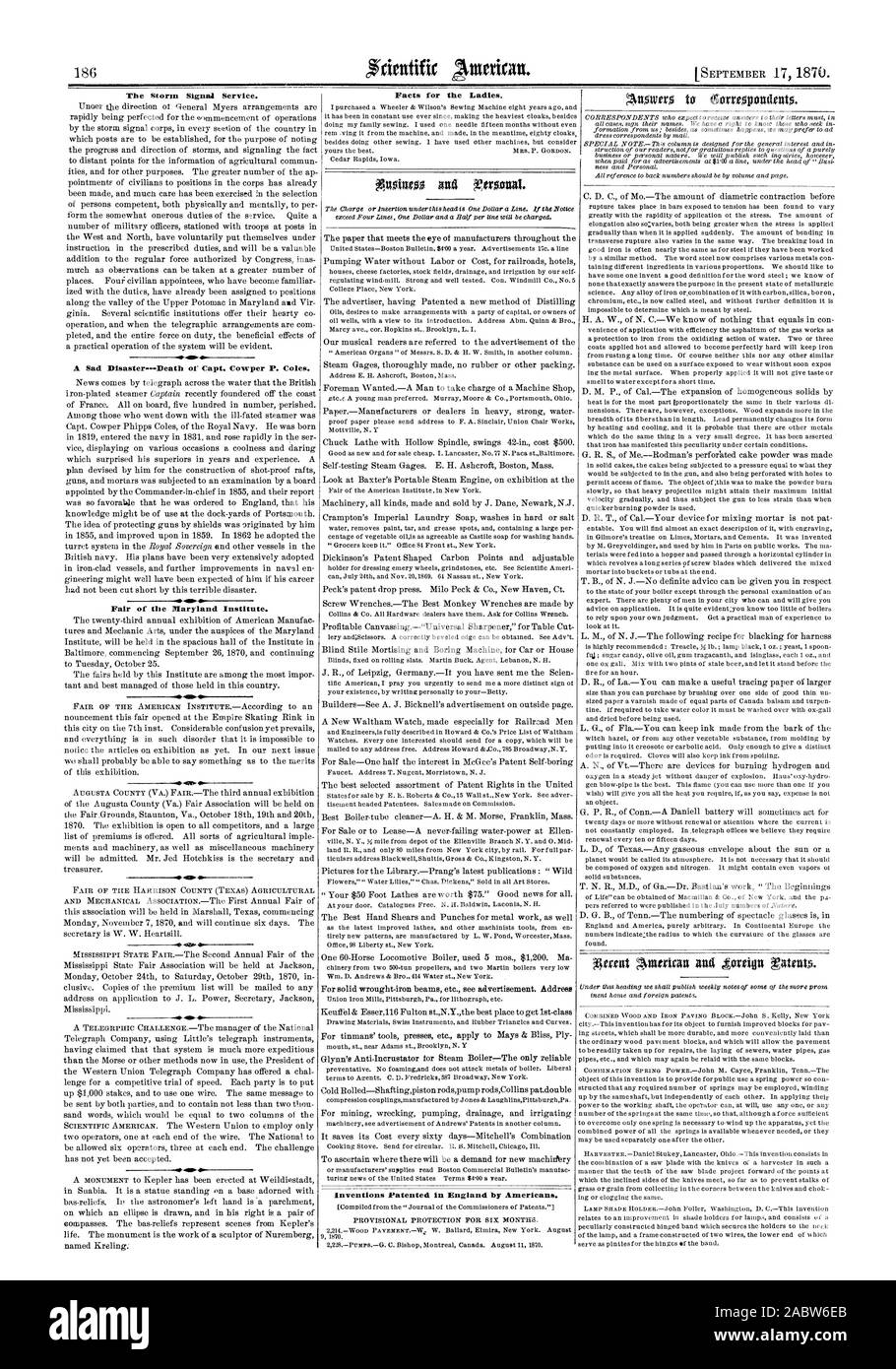 La tempête Service de transmissions. Un DisasterDeath triste du Capitaine Cowper P. Coles. Juste de la Maryland Institute. Faits pour les dames. Inventions brevetées en Angleterre par les Américains., Scientific American, 1870-09-11 Banque D'Images