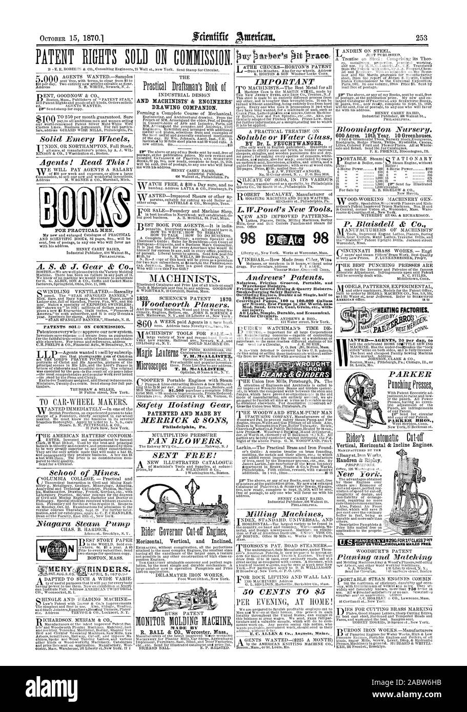 Gravier Sable Boue Charbon céréales etc.. avec des blessures. Toute la lumière durable et économique simple. Pour envoyer des circulaires. 600kens 19e année. 10 serres. ANTED--. 20 agents par jour t Vertical Horizontal & moteurs d'inclinaison. Handren & Ripley ENVOYÉ LE PROCÈS-circulaires envoyées par la FRS& BREVETS VENDUS SUR COMMISSION. Horizontal Vertical et incliné. MeALLISTER H. T. et breveté par Philadelphie PA de chauffage des usines. Punch sont atteintes à notre brevet. PARKER BROS. West Meriden Conn., Scientific American, 1870-10-15 Banque D'Images
