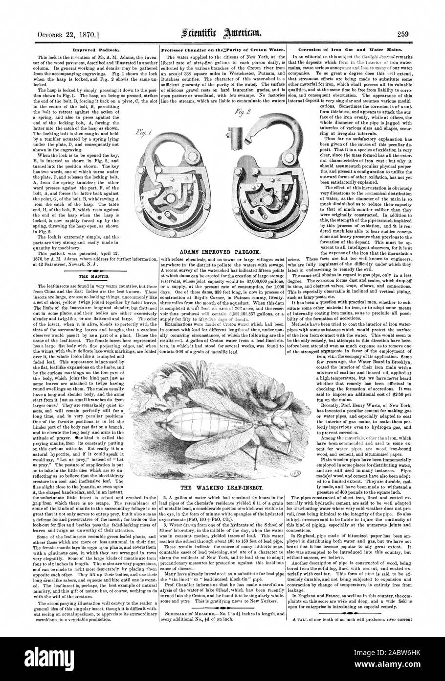 Cadenas amélioré sur le Professeur Chandler:Pureté de Croton l'eau. ADAMS' amélioration de cadenas. La corrosion des conduites d'eau et de gaz en fer. La mante religieuse. La feuille de marche. LES INSECTES, Scientific American, 1870-10-22 Banque D'Images