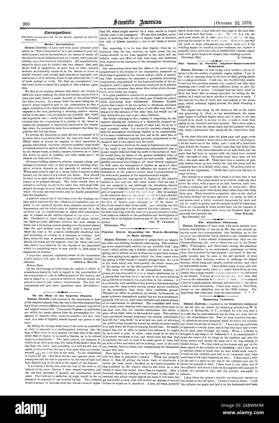 Erreurs populaires concernant la montre-Rupture des principaux ressorts. L'entartrage de la chaudière. Ens. Sur le feu de la planètes supérieures. brebis. La surface de l'incendie dans les moteurs portatifs--a exigé des améliorations. L'Ailanthus Silkworm. Les vérins d'équilibrage, Scientific American, 1870-10-22 Banque D'Images