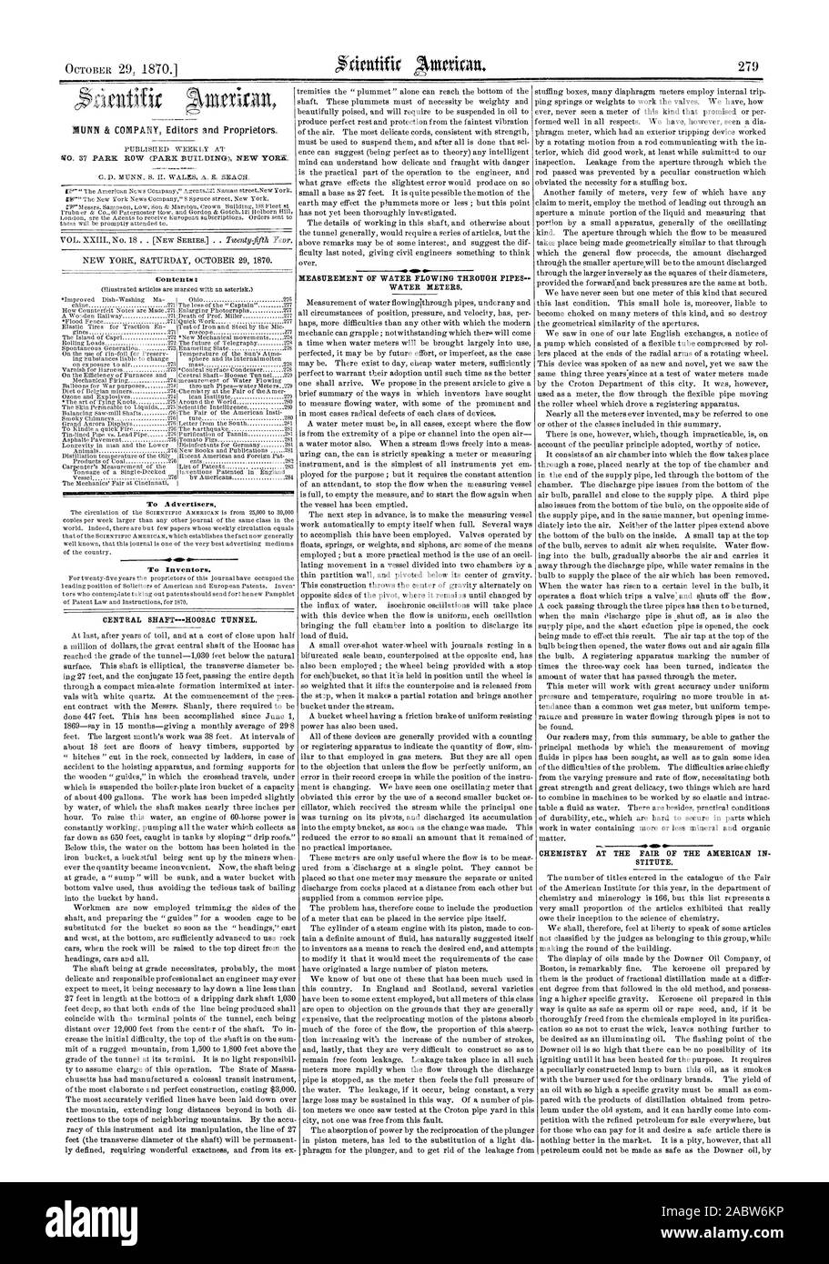 Le 29 octobre 1870. Contenu : à un dvertisers aux inventeurs. SHAFTHOOSAC CENTRAL TUNNEL. 460-. Les compteurs d'eau. La chimie À LA FOIRE DE L'AMÉRICAIN. Constituer., Scientific American, 1870-10-29 Banque D'Images