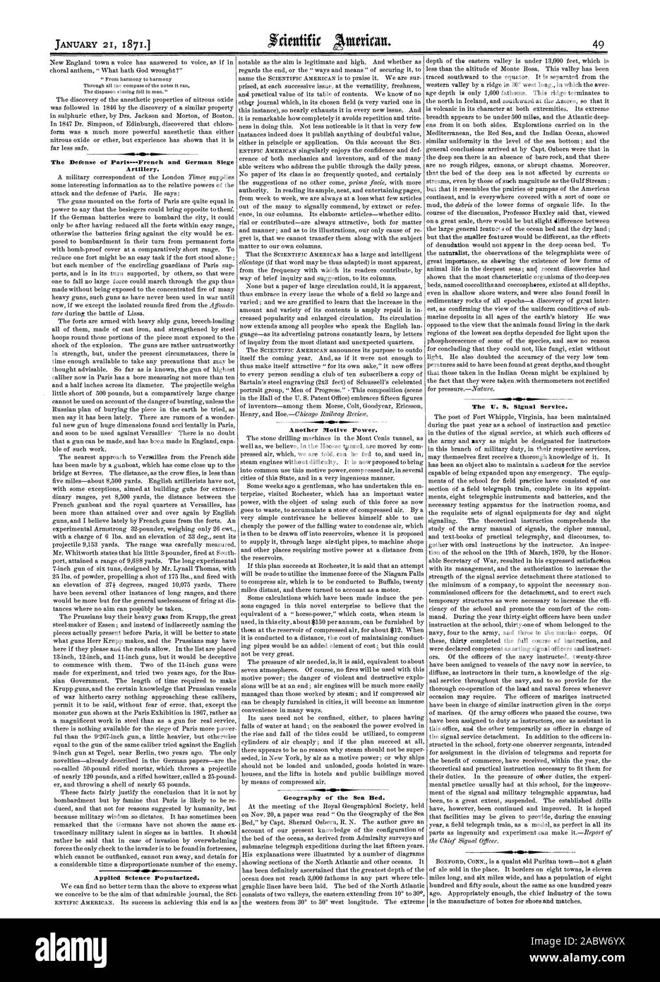 La défense de l'artillerie de siège allemande et ParisFrench. vor.as.4. La science appliquée a popularisé. Une autre force motrice. Géographie de la mer. Aux Etats-Unis, le Service de transmissions., Scientific American, 1871-01-21 Banque D'Images